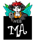 Anthropomorphic Panda Woman with green sharp butterfly wings pointing a gun at the viewer, who is leaning ontop of from the bust up a square with white text that says 'web' in small letters and 'MA' in big letters